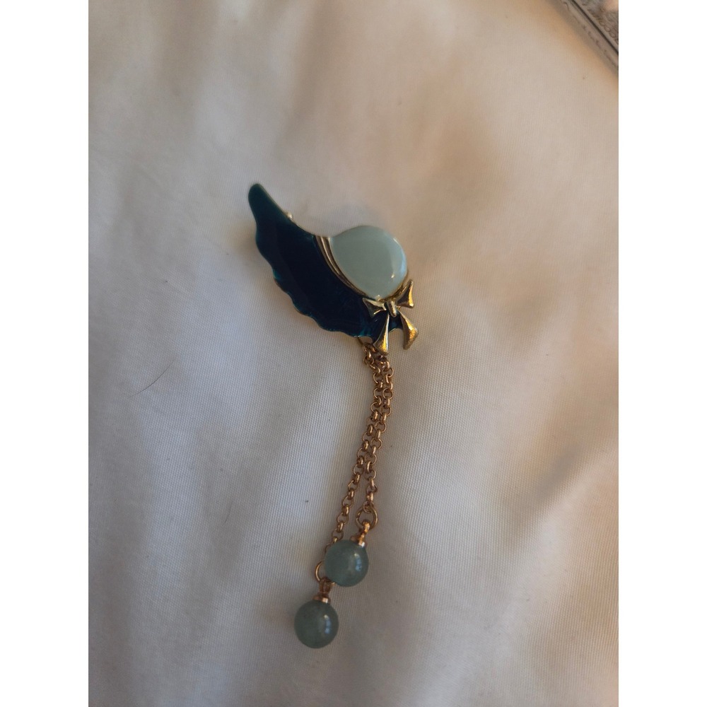 Vintage Gold Tone Teal Enamel Bonnet Brooch with Green Beads and Dangle Chains